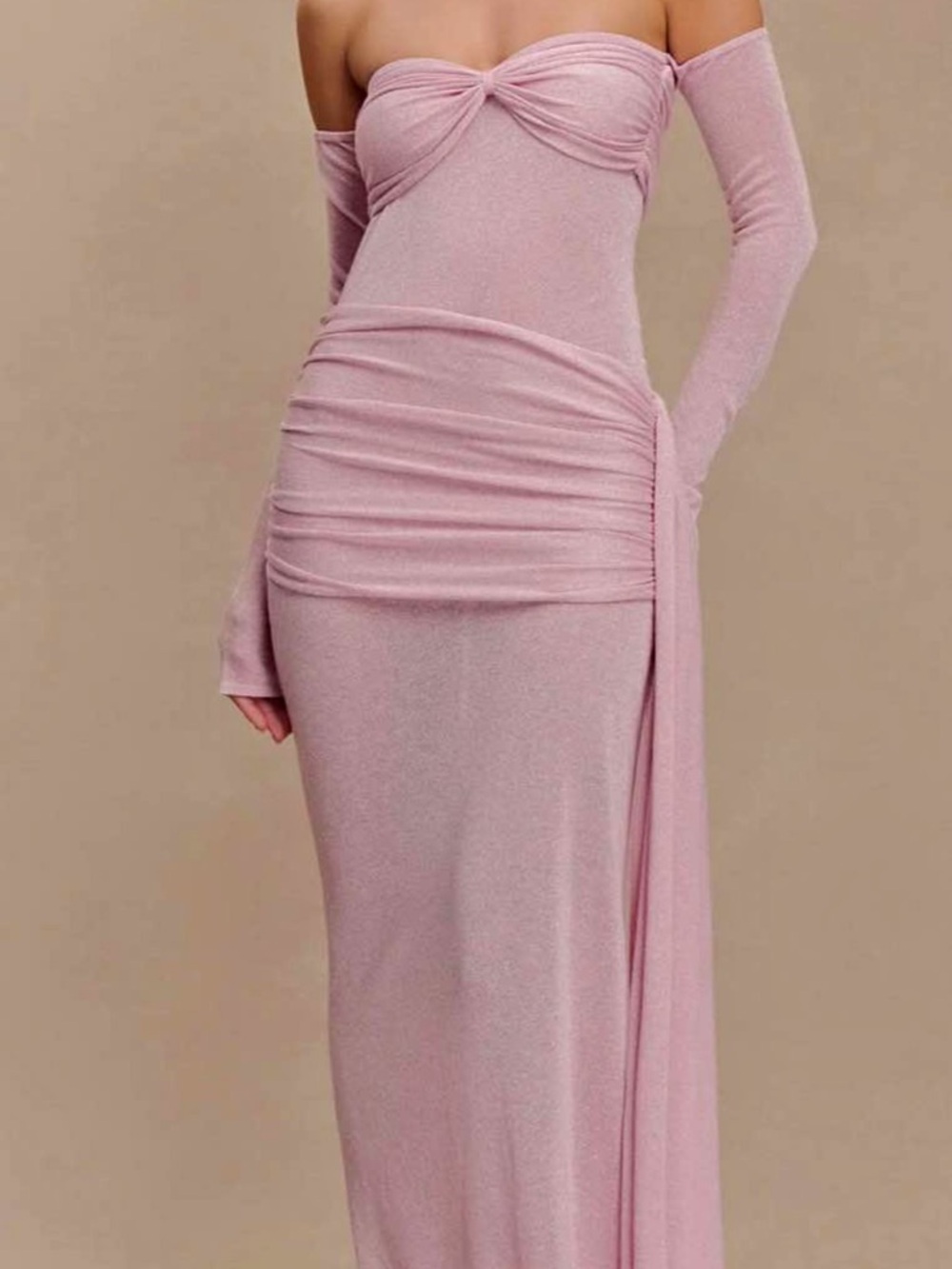 Meshki Off-Shoulder Blush Pink Ruched Maxi Dress